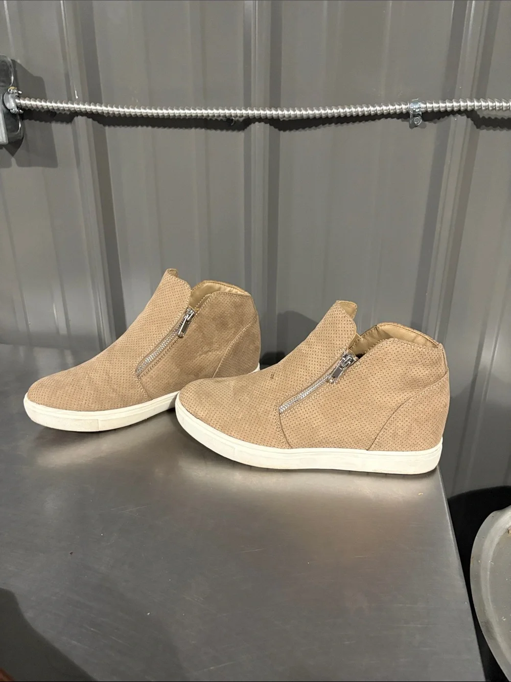 Casual Tan Wedge Sneaker Booties with Side Zip